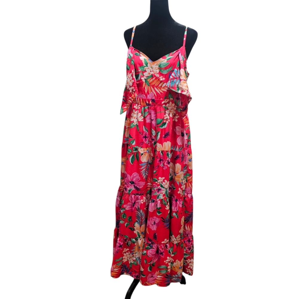 Eliza J Pink Floral Tie Front Tiered Maxi Dress Size 12 {Bx21} - Picture 1 of 12